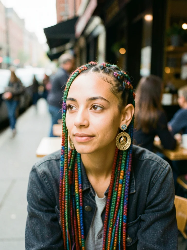 Person with colorful braids and statement earrings at a cafe, natural portrait, 