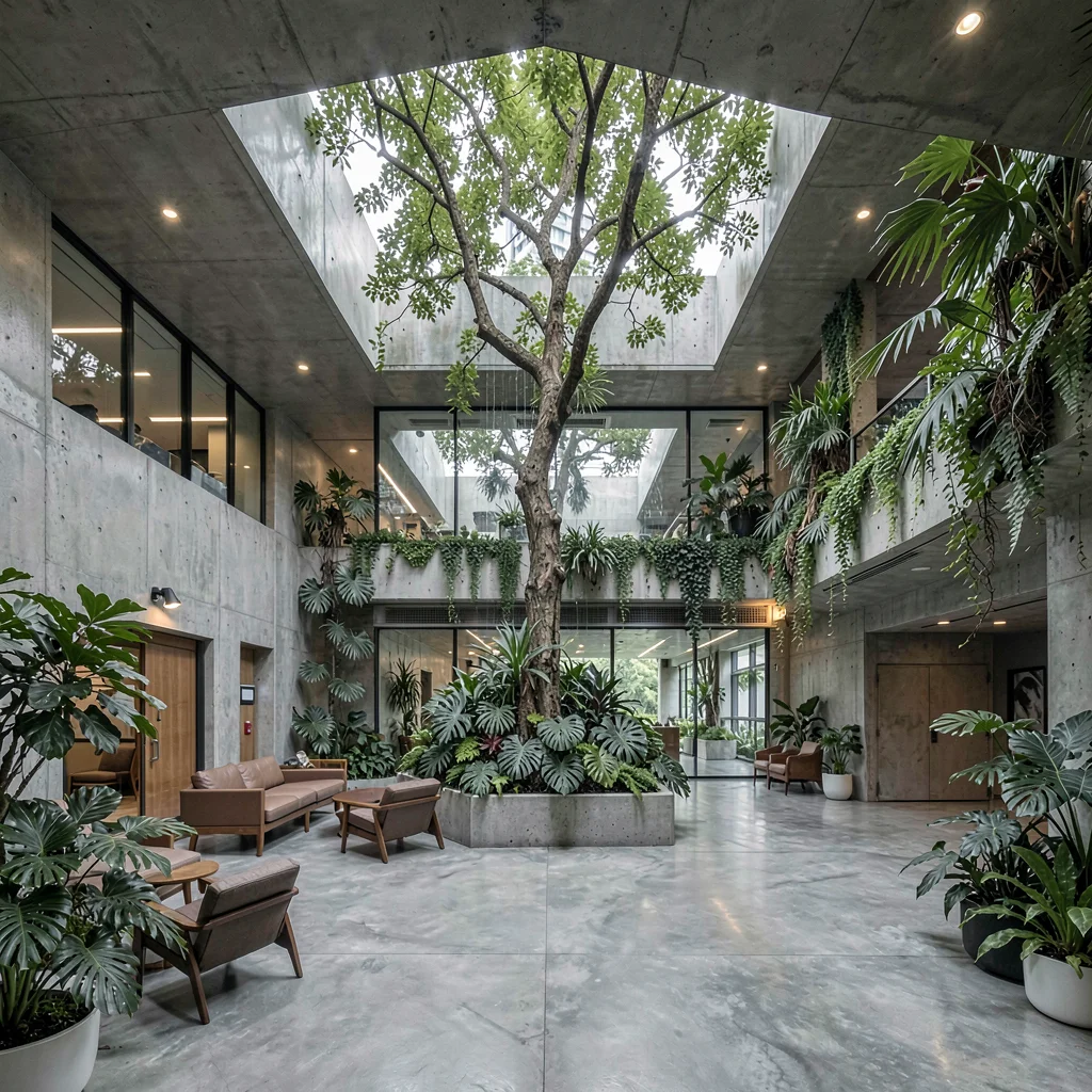 Singapore tropical modernism, green claiming grey, Hotel lobby with tree growing