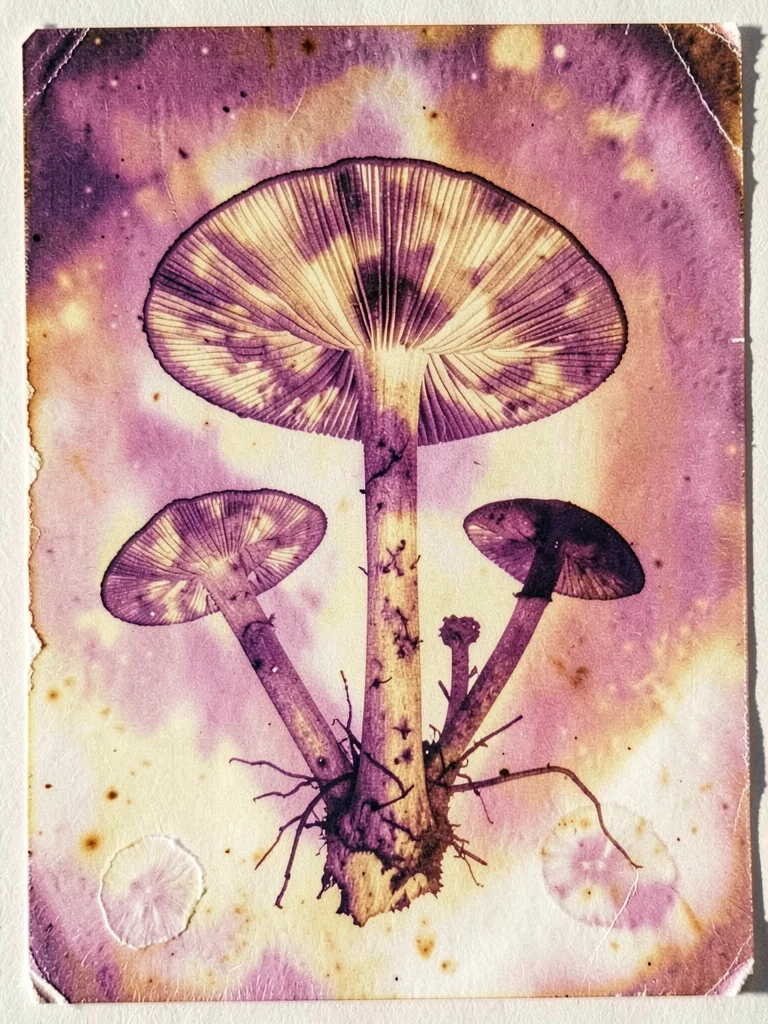 Mushroom gills sliced thin, spore patterns visible, lumen photogram herbarium st