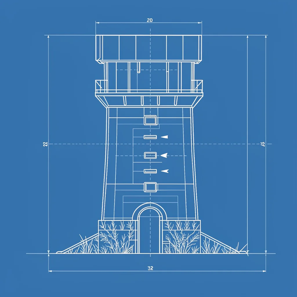 Schematic blueprint of a watchtower cross-section with arrow slits, white on blu