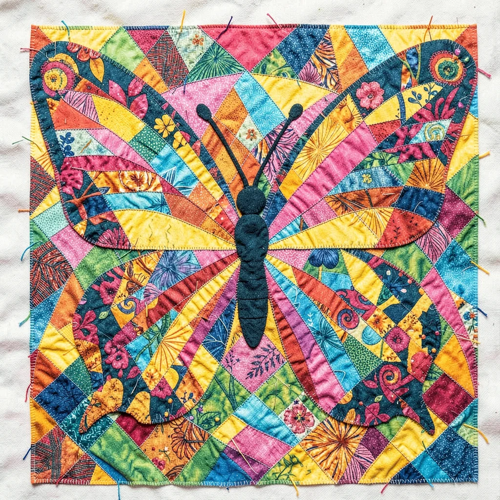 Panamanian mola textile illustration, a butterfly with wing layers showing throu