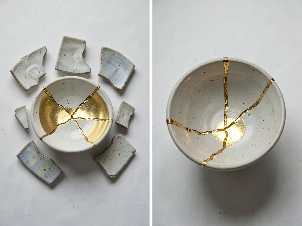Flat-lay of ceramic fragments and finished repaired bowl — process before and af