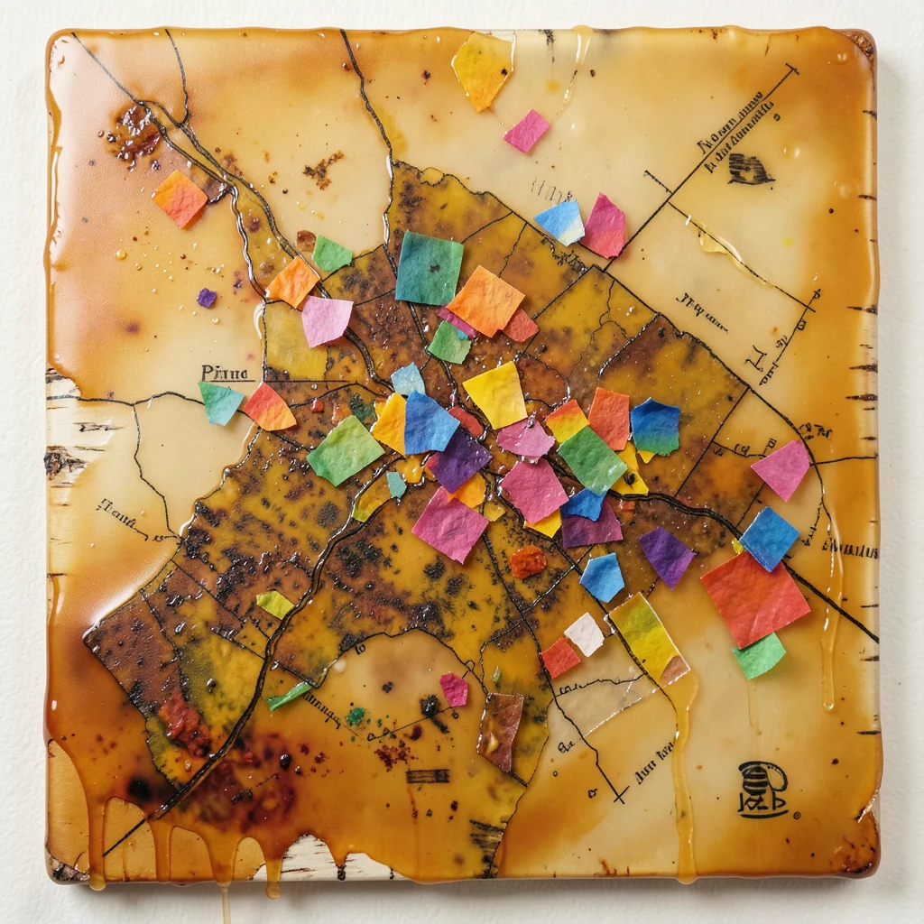 Beeswax with embedded rainbow tissue paper fragments, pride collage in wax