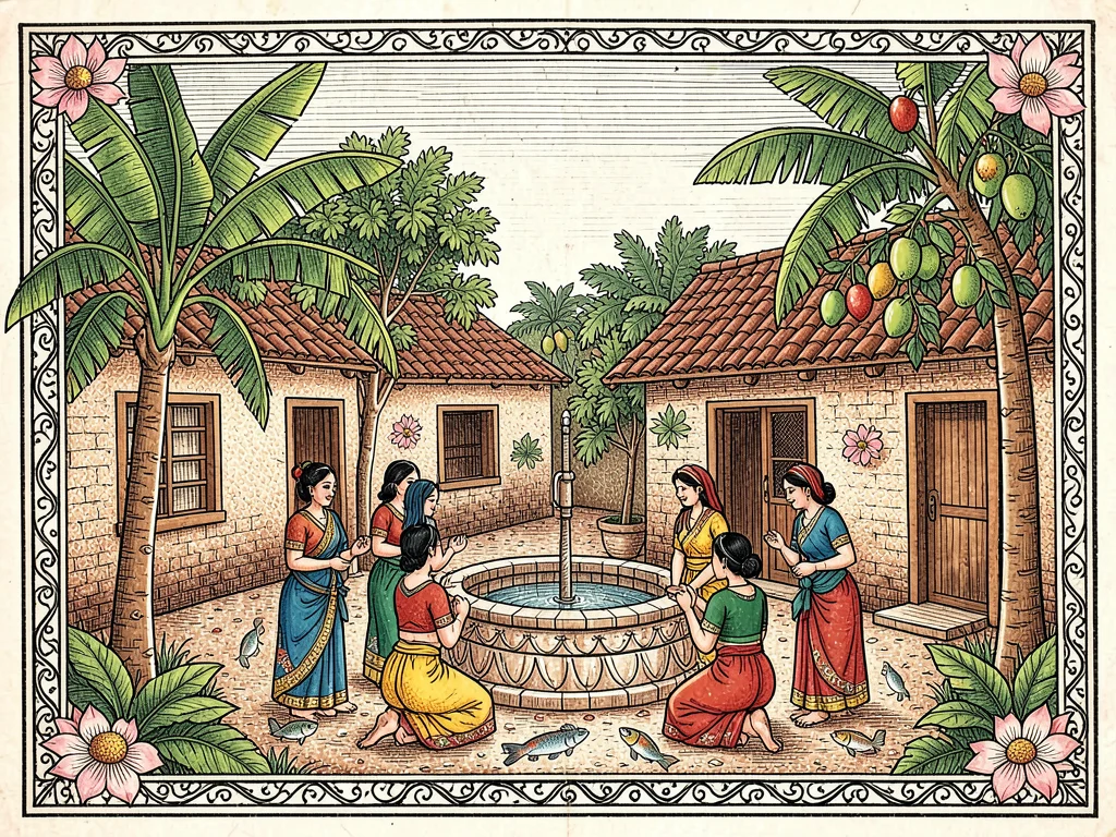 Village courtyard scene — women around a well, banana and mango trees at corners
