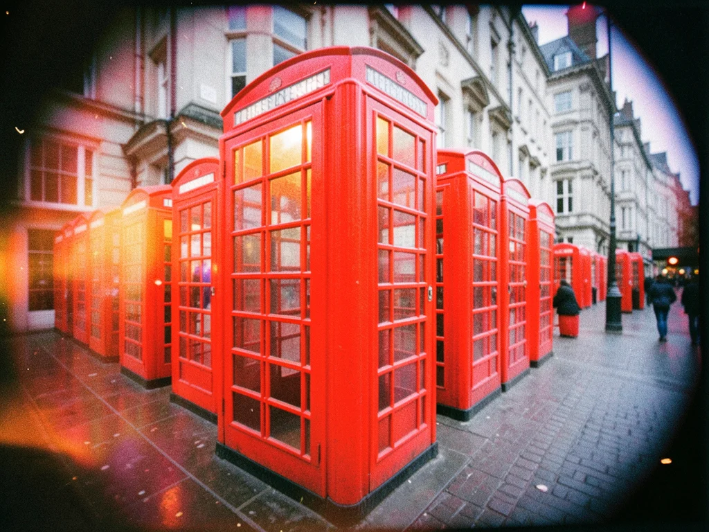 Red telephone booths in a row, the red pushed to nearly fluorescent, the backgro