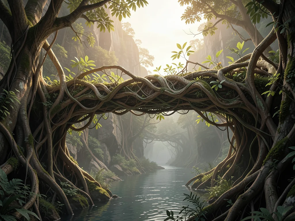Bridge grown from intertwined tree roots, spanning a river canyon, leaves sprout