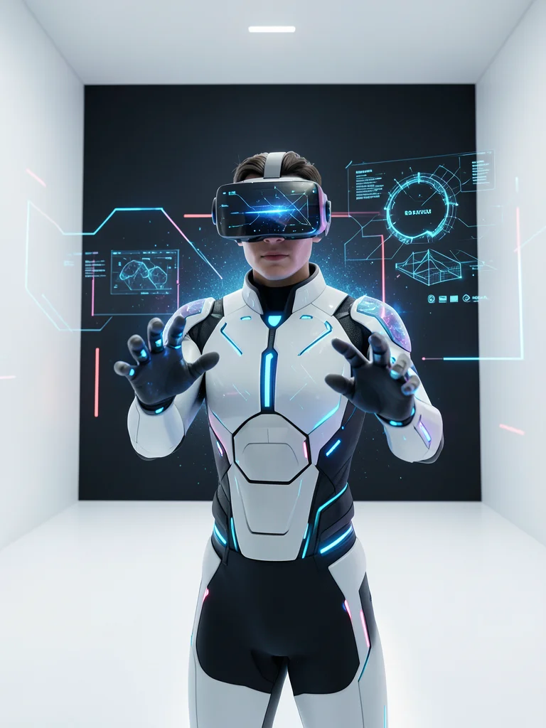 Person wearing VR headset in a minimalist white room, hands reaching forward