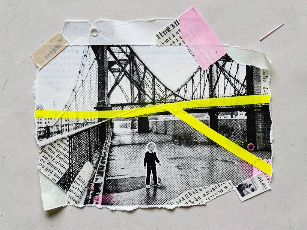 Photographic collage editorial of a tiny cut-out figure standing before an enorm