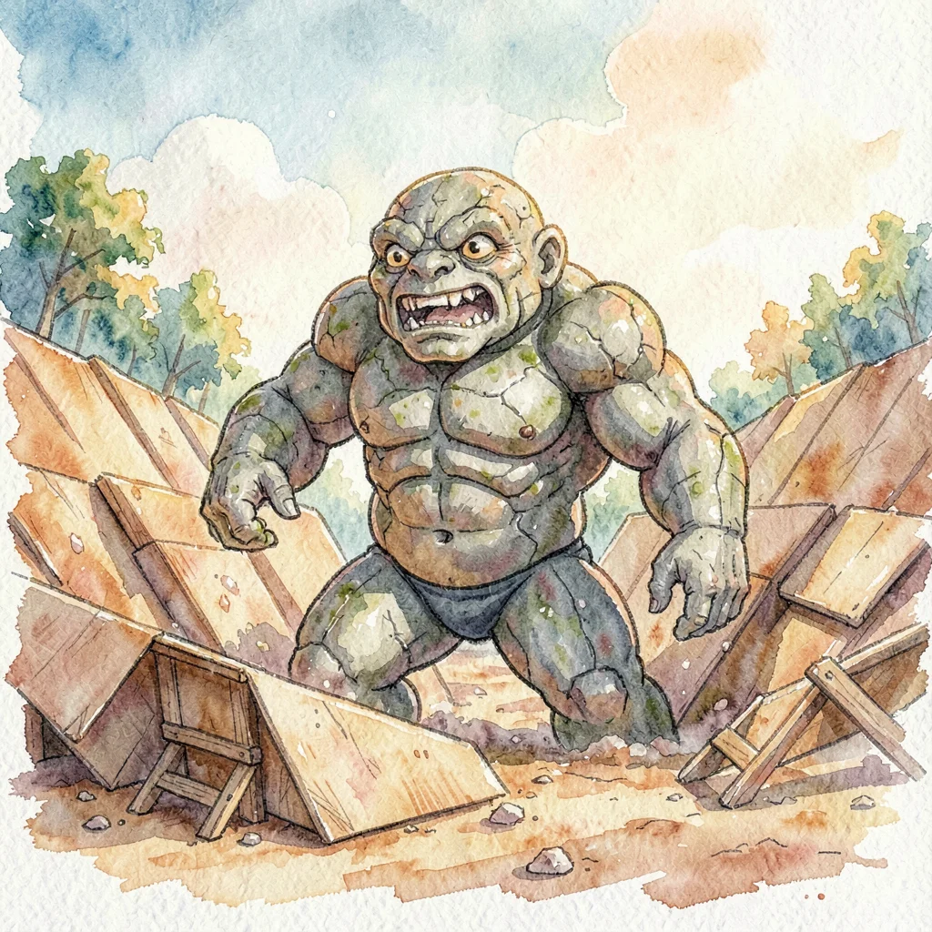 Painterly color-script scene of the stone-golem rising from a cardboard quarry, 