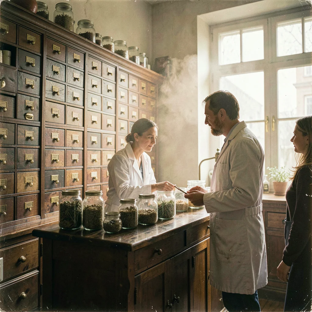 Humid atmospheric scene, Central European grandeur, Pharmacy interior with dark 