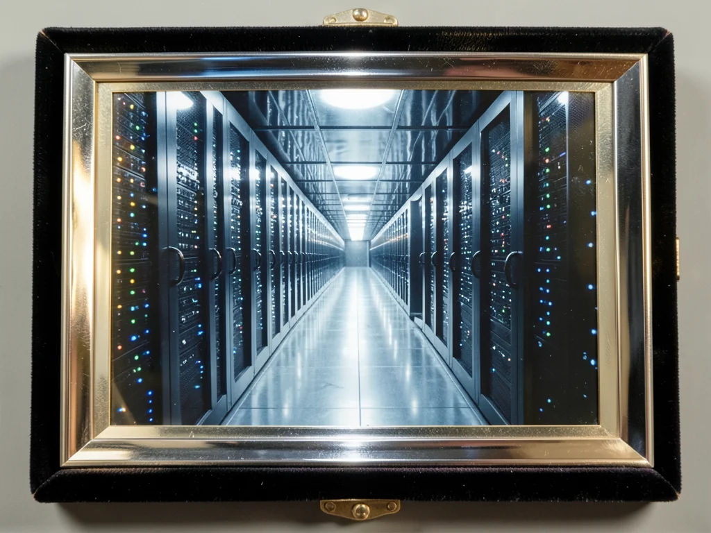 The interior of a server room with blinking lights in perfect rows receding to a