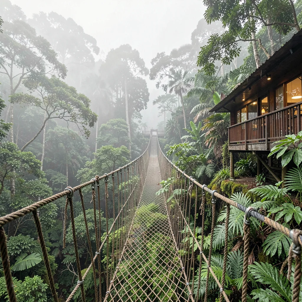 Cloud forest mist layers in Costa Rica, Cloud forest canopy walkway disappearing