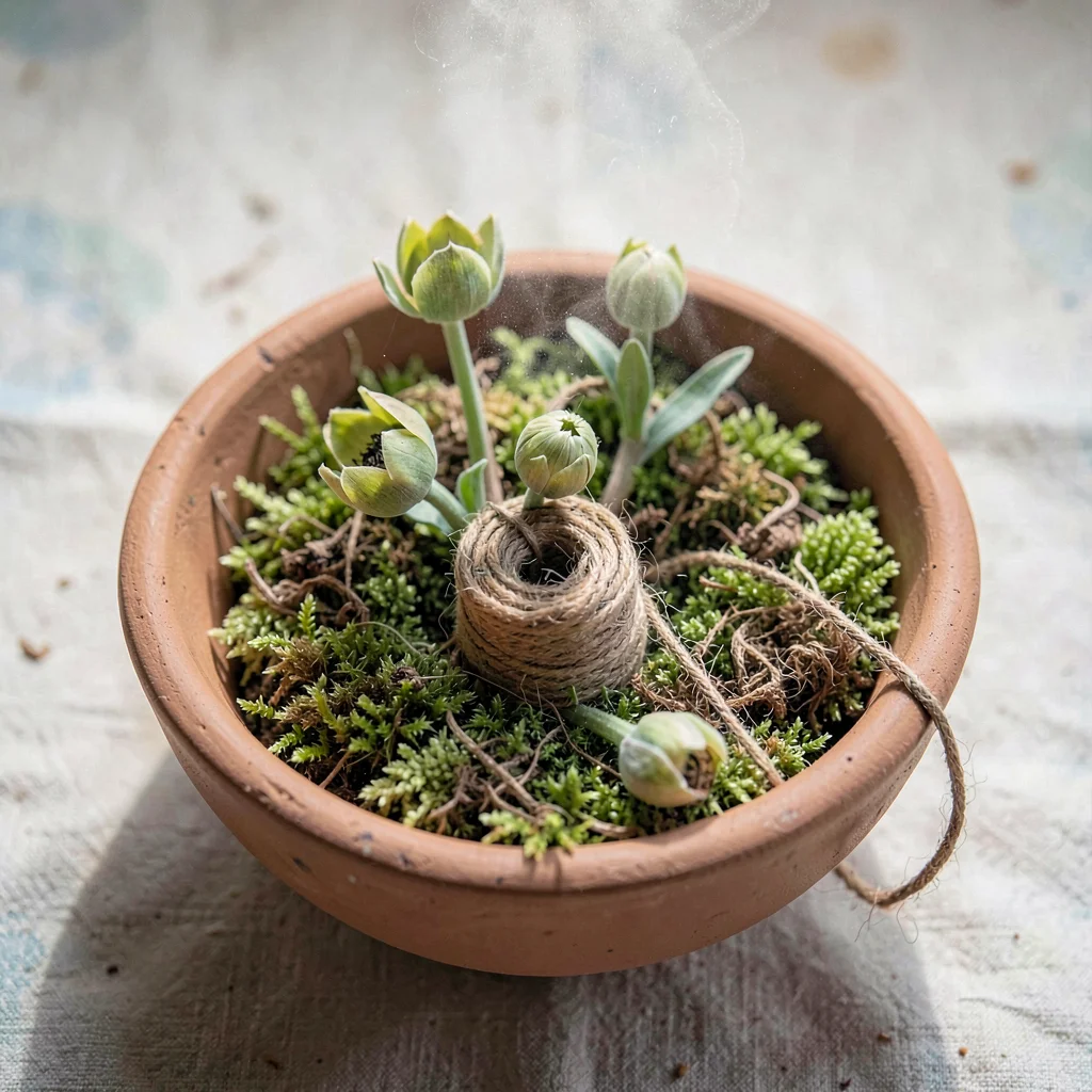 Soft overhead of a clay studio bowl filled with foraged moss, hellebore buds, an