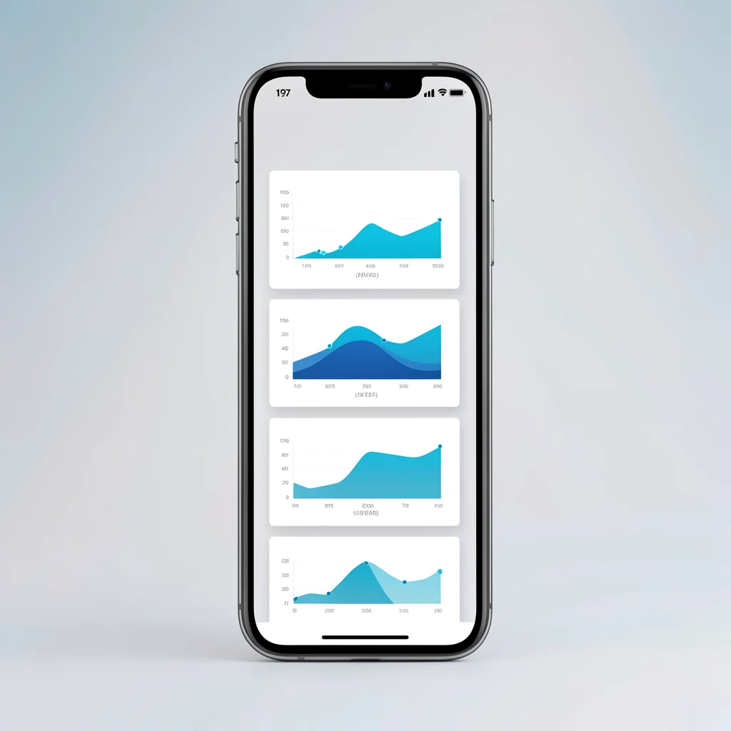 Vertical phone-screen mockup of a stacked metric feed with five abstract chart t