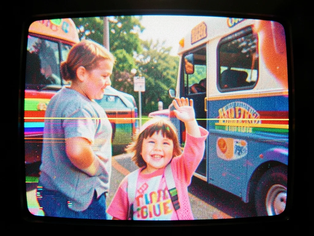 VHS recording of first day of school, parent camera, child waving from bus