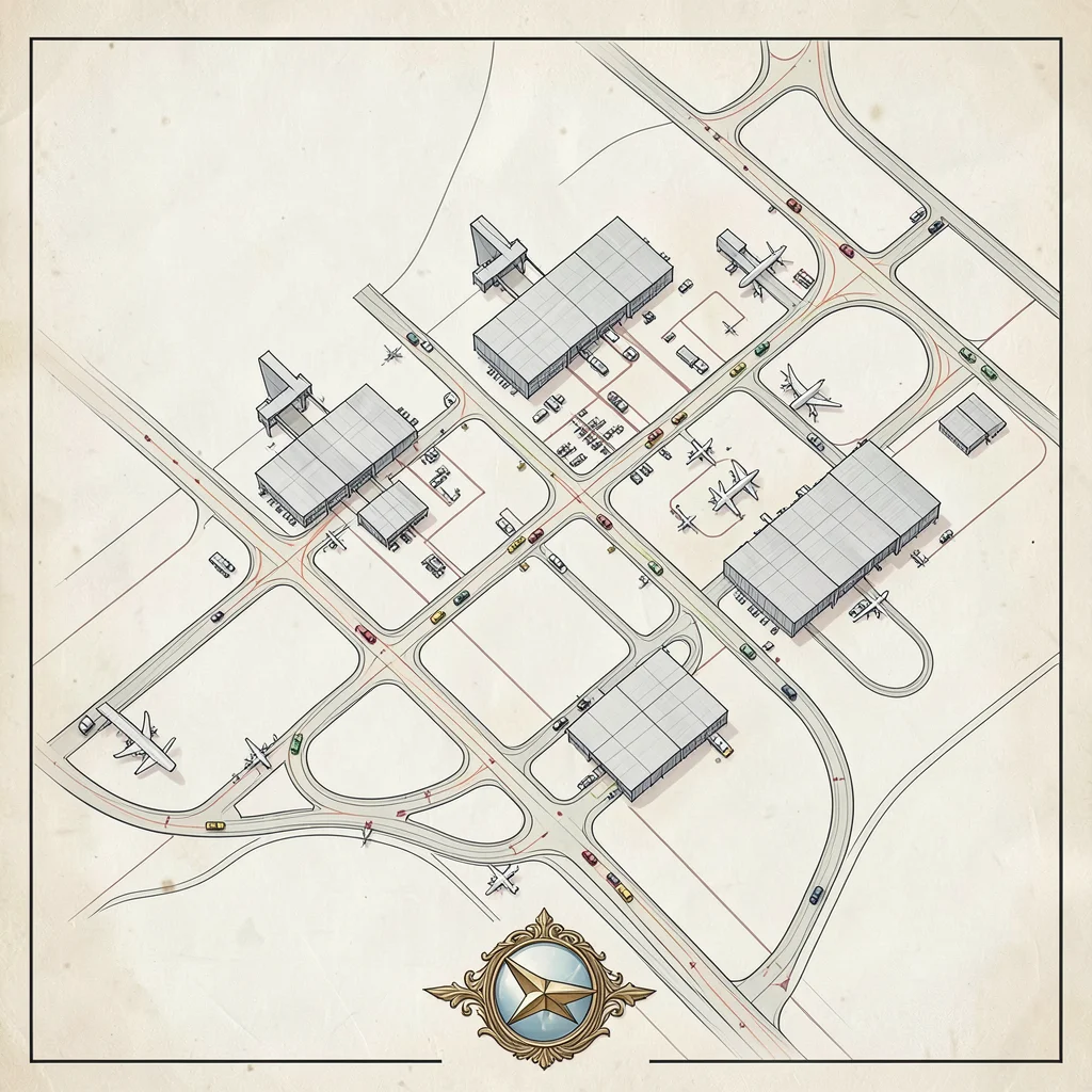 A modern airport ground-services plan with terminal piers, taxiways, hangars, fu