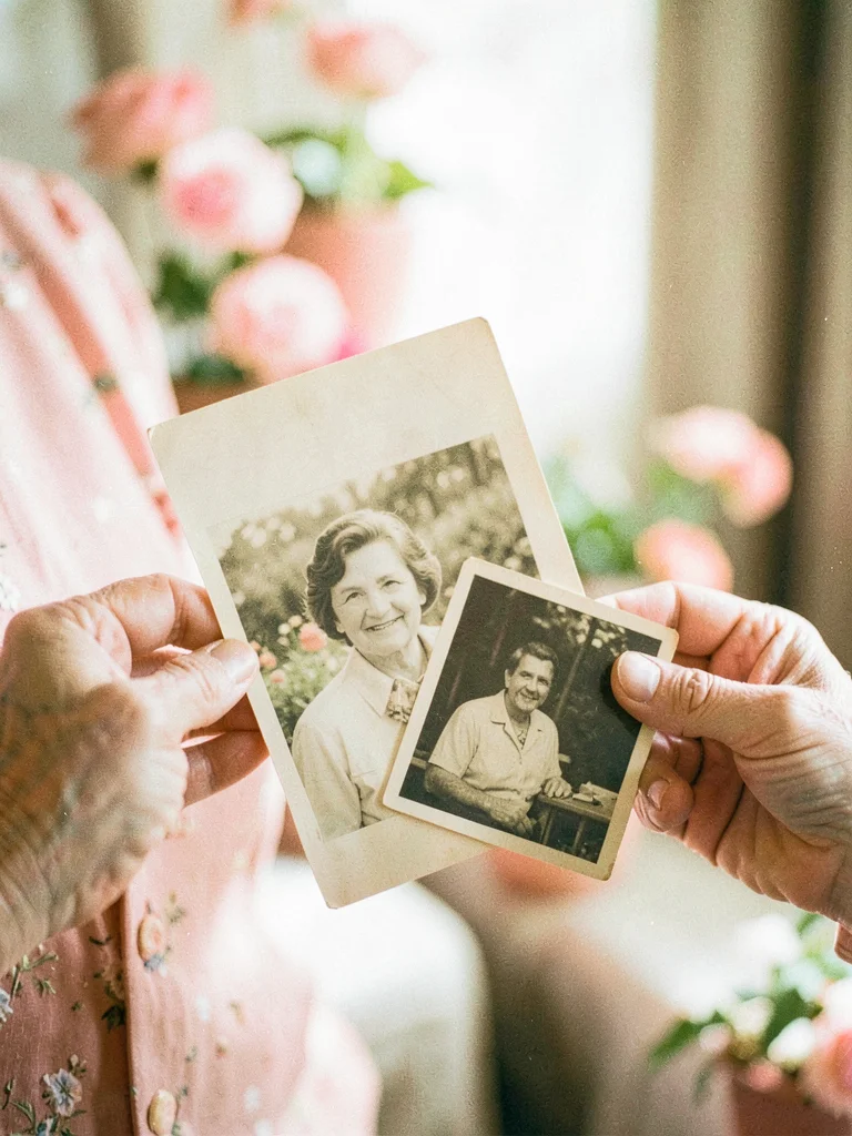 Grandmother's hands holding vintage photographs