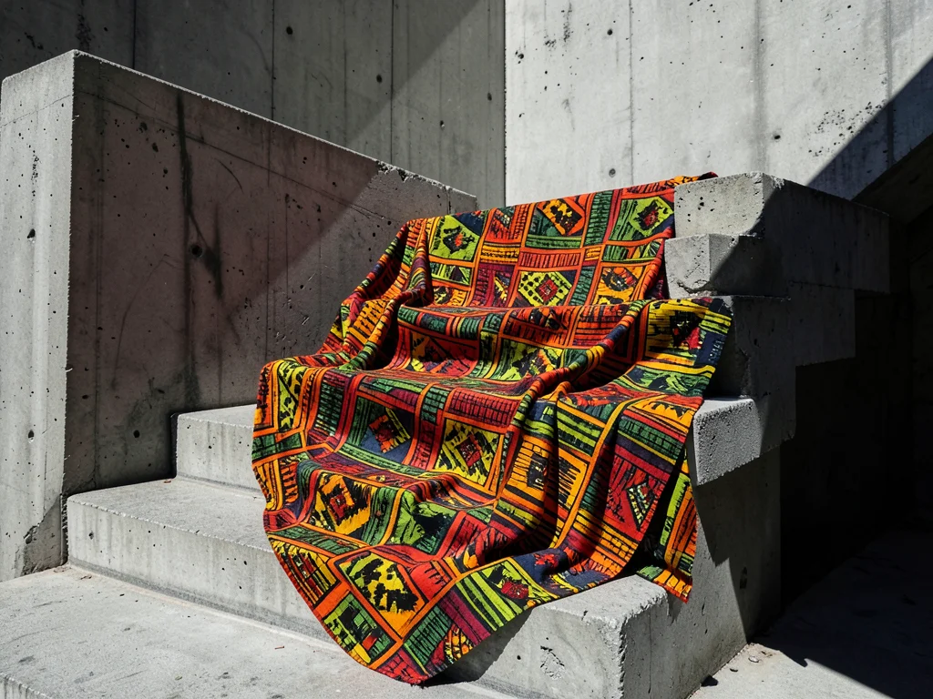 Bold Kente cloth patterns draped over brutalist concrete steps, vibrant vs raw