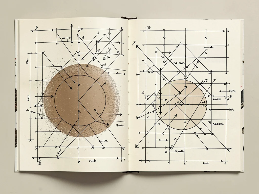Open notebook spread filled with overlapping diagrams of arrows, brackets, and t