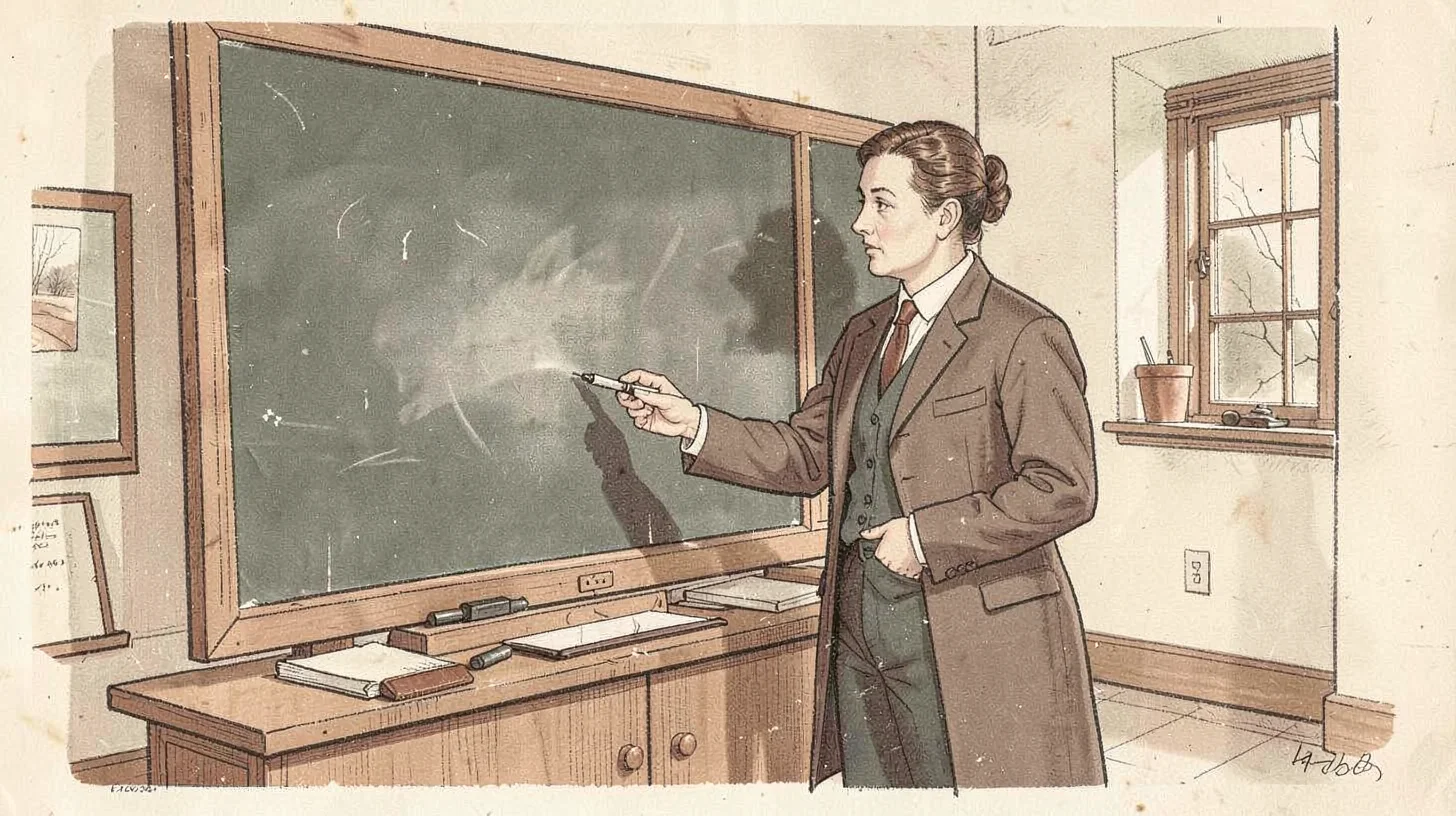 Casein illustration, schoolteacher at chalkboard , milk-based paint, vintage mat