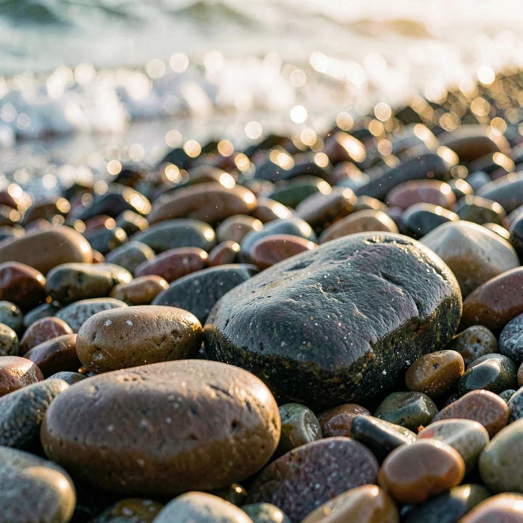 Tight study of pebbled beach stones in graduated tones, sea spray glinting