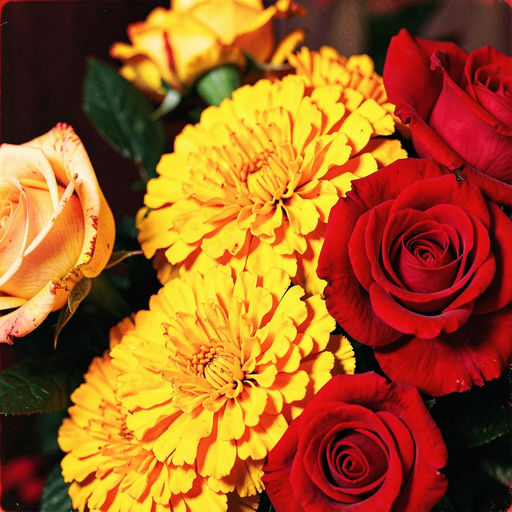 Close-up of marigold and rose arrangement — warm yellows and reds, petals bleedi