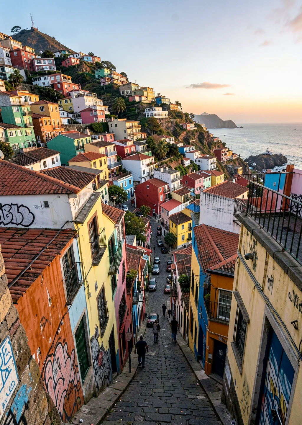 Impossible hill perspectives of Valparaíso, Chile, narrow street perspective sho