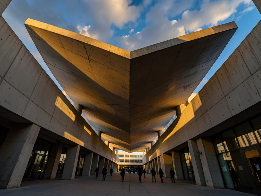 A university campus walkway covered by a folded-plate concrete canopy, students 