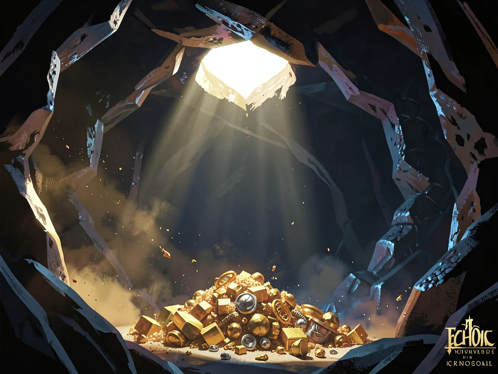 Echoing dragon-lair cavern with a single ceiling tear of daylight on a heap of t