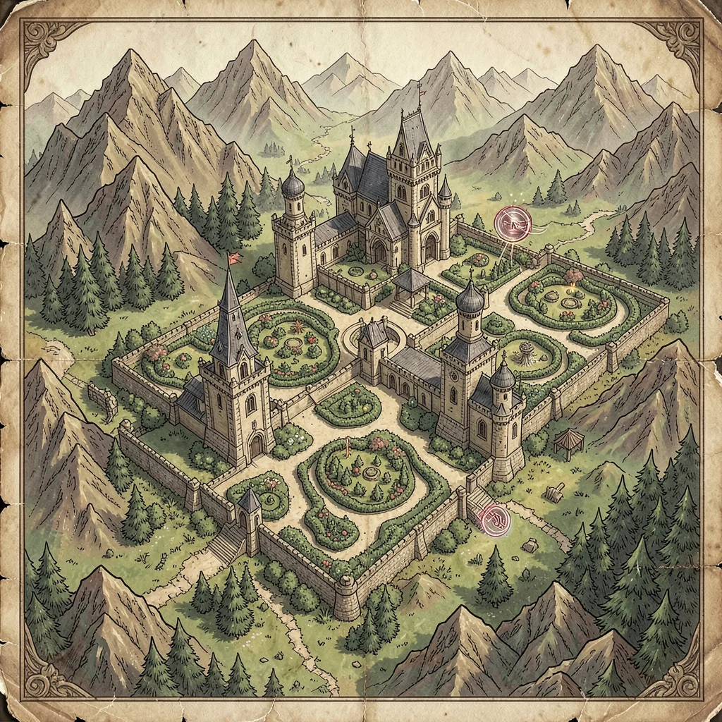 Fantasy map illustration, a magical academy grounds map with towers, gardens, an