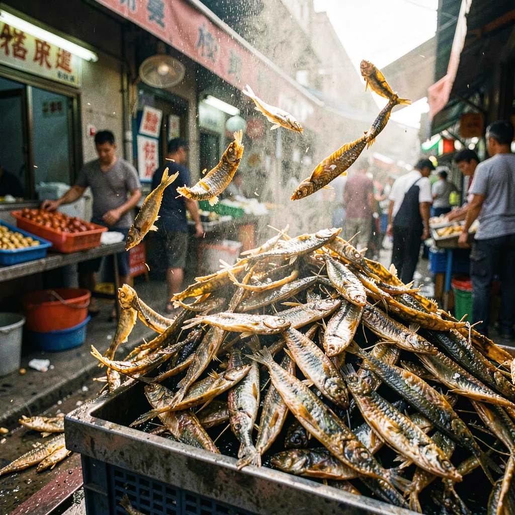 High-energy street photograph, Pile of dried stockfish at market, strong diagona