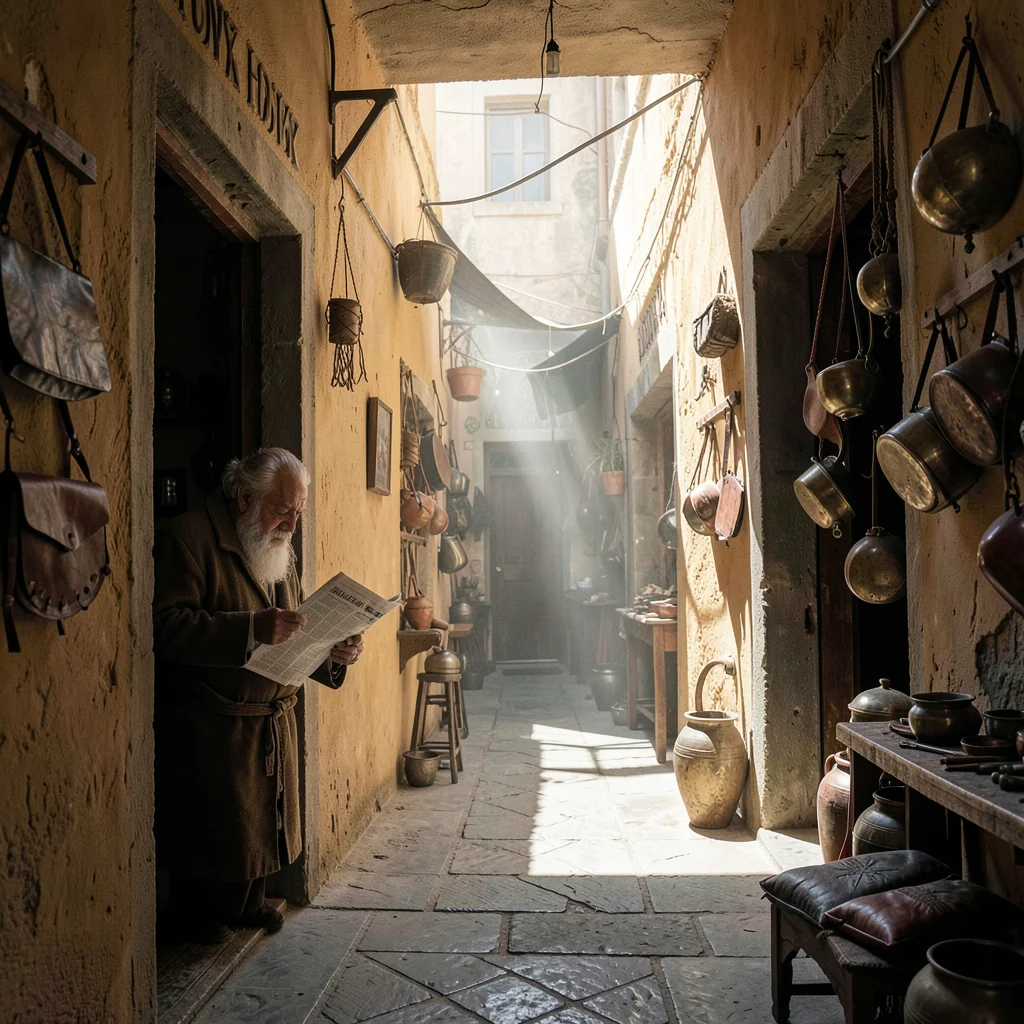 Fes medina light penetration, souk depth, old man reading newspaper in doorway, 