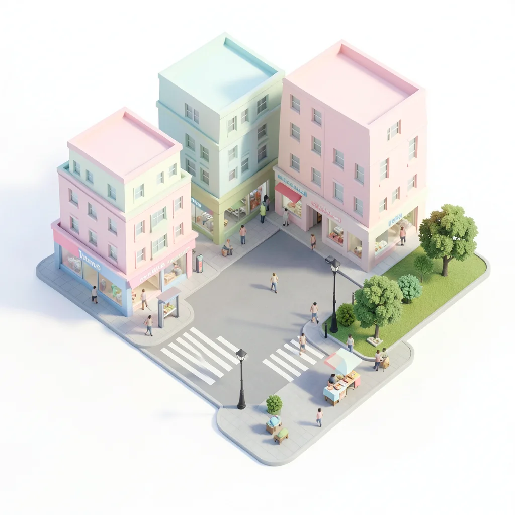 A city intersection: buildings with shops at street level, a bus stop, crosswalk