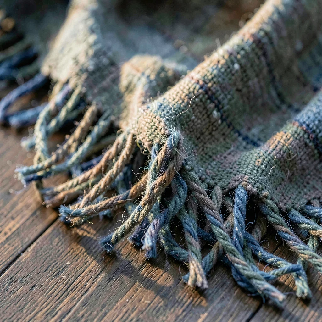 Mineral macro of a hand-tied fringe on a wool-silk scarf, every twist crisp unde