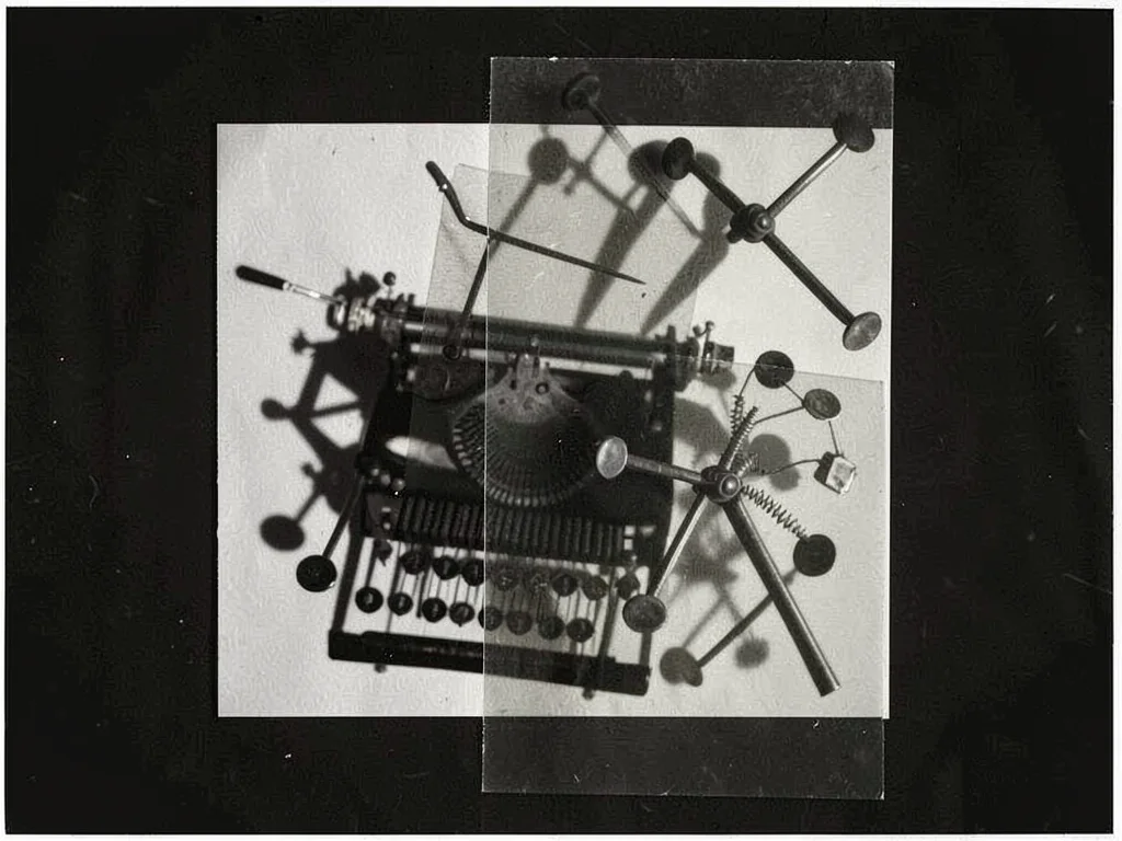 A collection of typewriter parts — keys, springs, arms — as overlapping photogra
