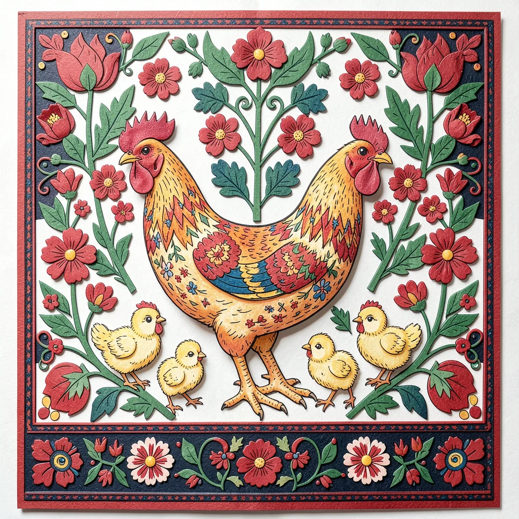 Polish wycinanki paper cut illustration, a chicken with chicks following behind 