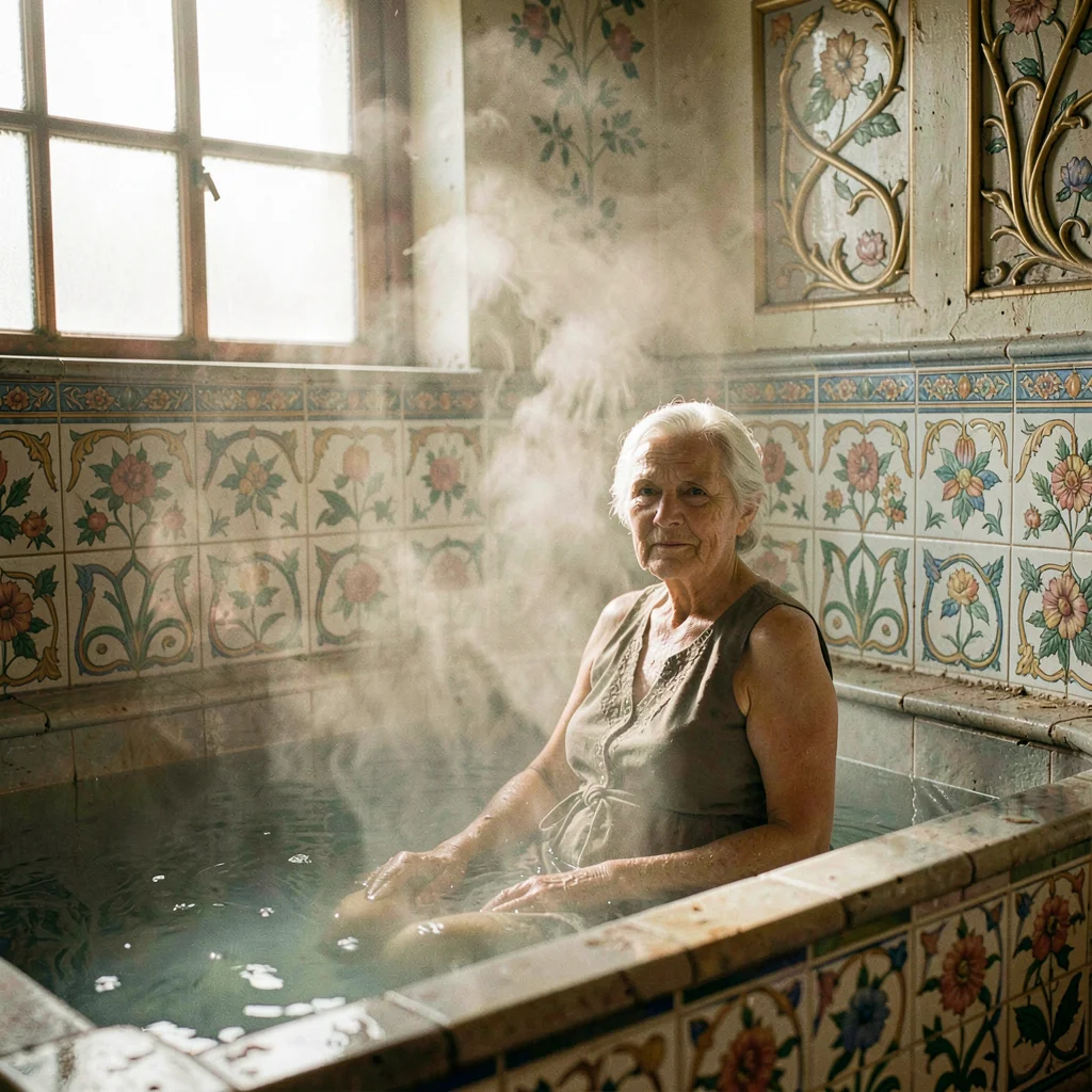 Humid atmospheric scene, Central European grandeur, Elderly woman sitting in the