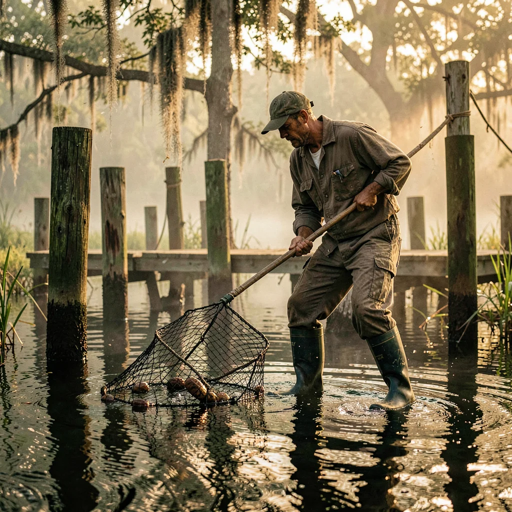 Atmospheric photograph with Louisiana bayou sensibility, A man in rubber boots a