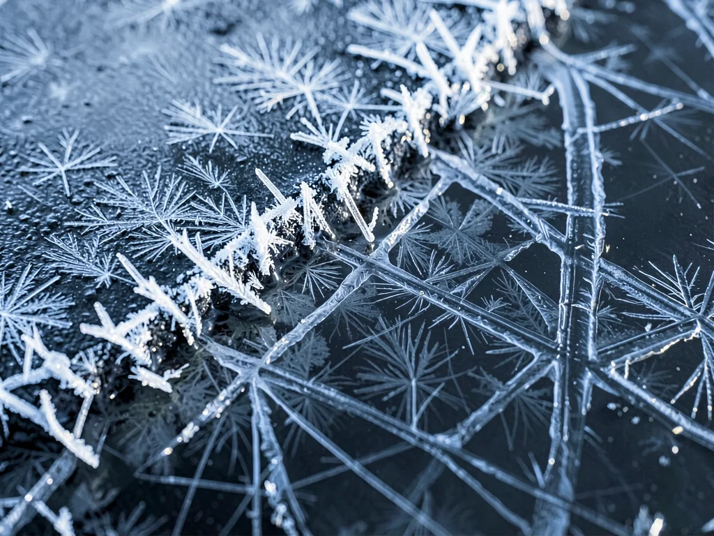 Ice forming at the edge of still water showing plate crystals