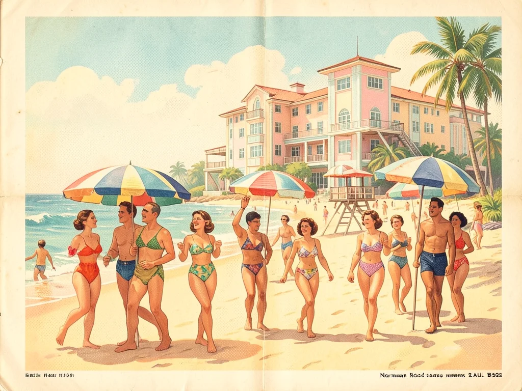 A beach scene: families in vintage swimwear, striped umbrellas, a lifeguard towe