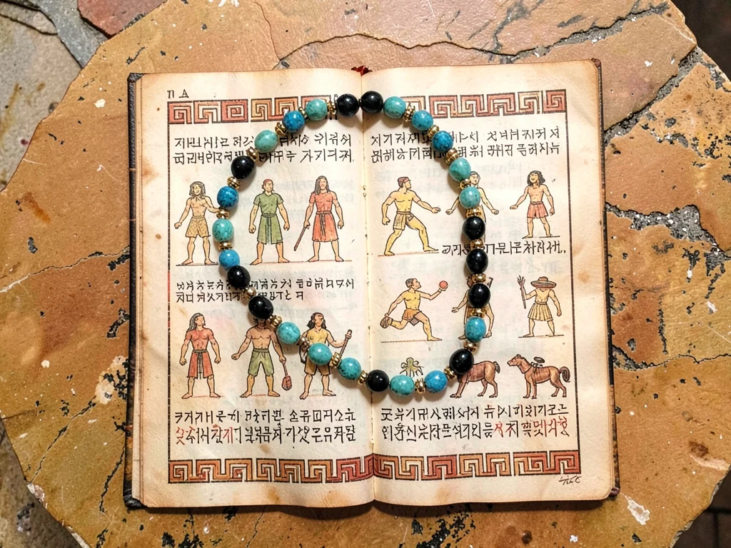 Turquoise and obsidian beaded necklace flat-lay on warm stone surface