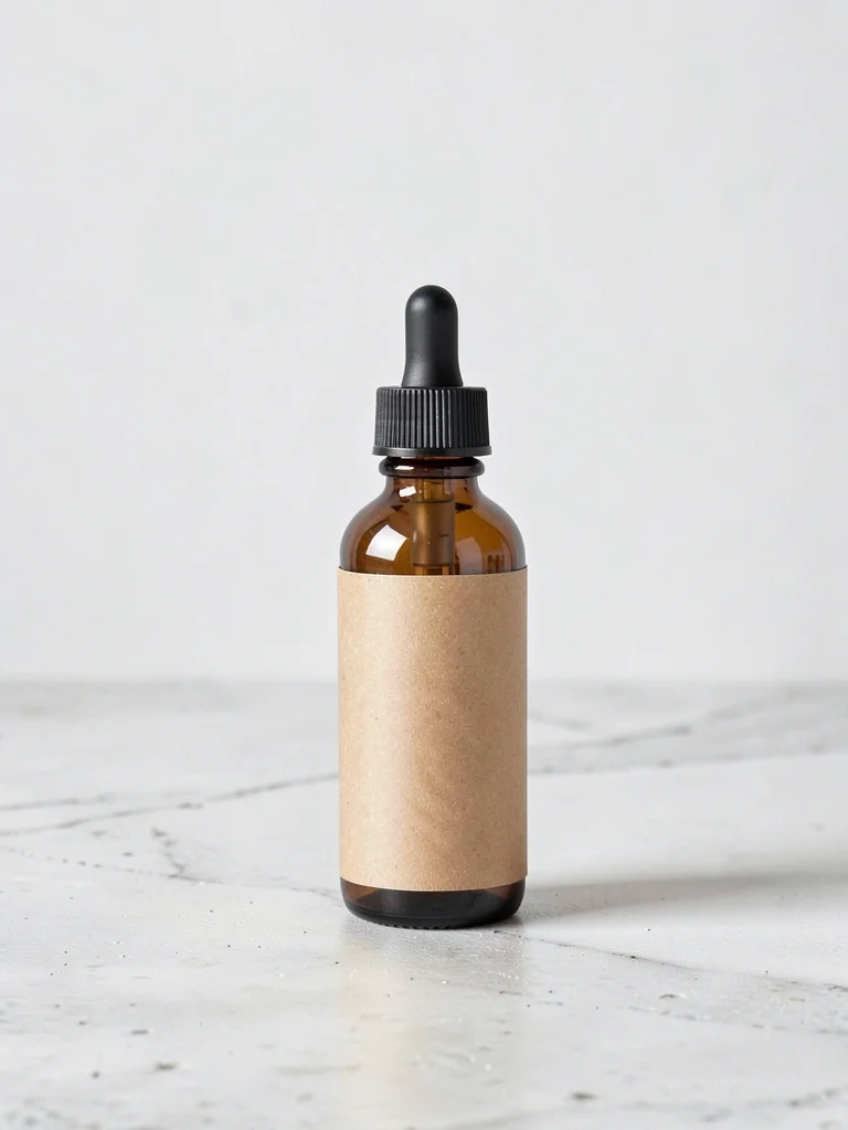 Amber dropper bottle hero on textured concrete