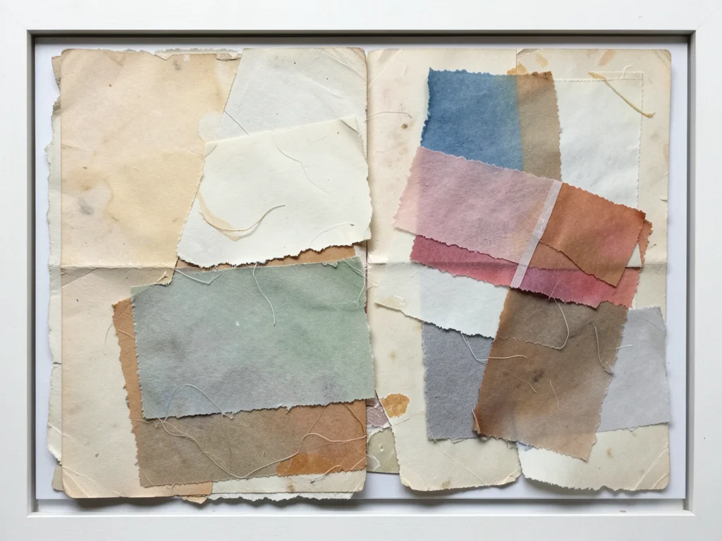 Layers of torn tissue paper in translucent colors, overlapping to create new hue