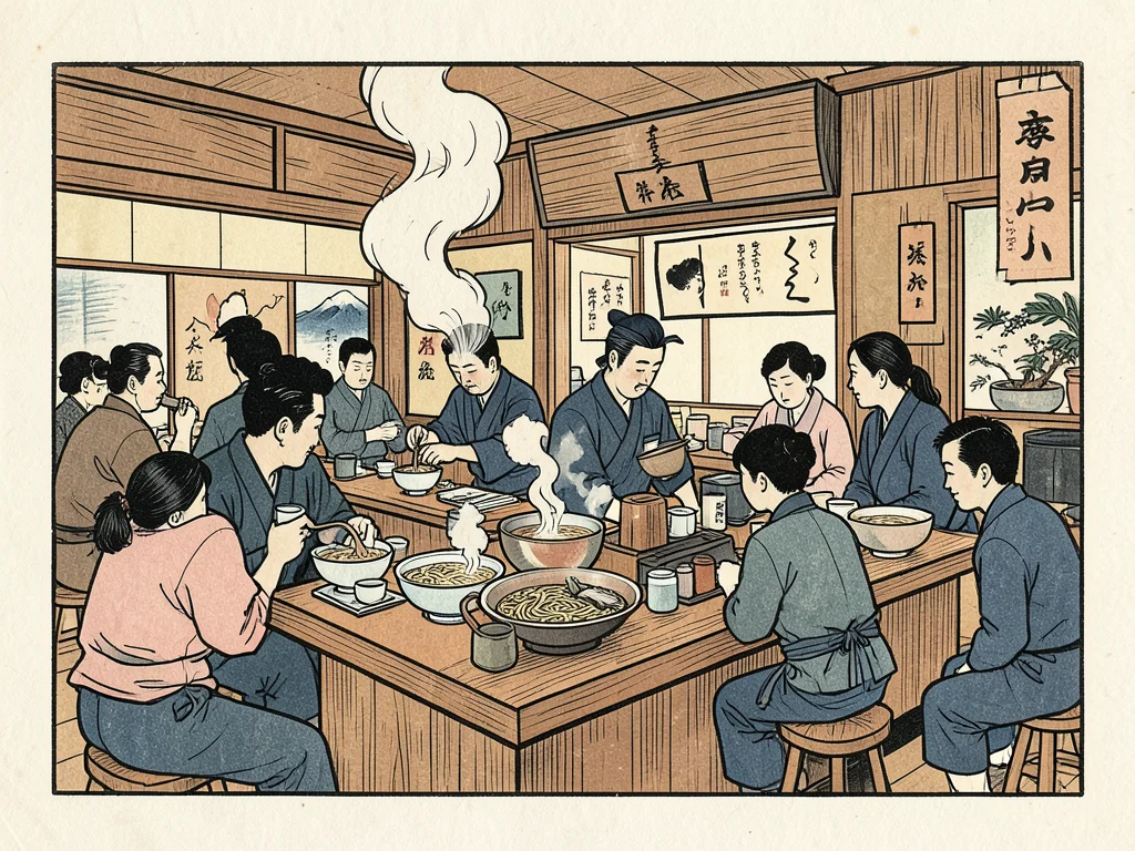 A ramen shop interior, steam rising from bowls, the cook ladling broth, customer