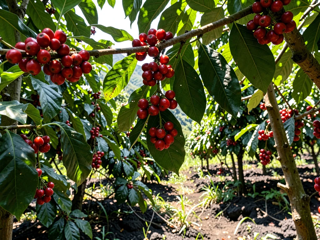 Ripe Red Cherries on Ethiopian Highland Branch