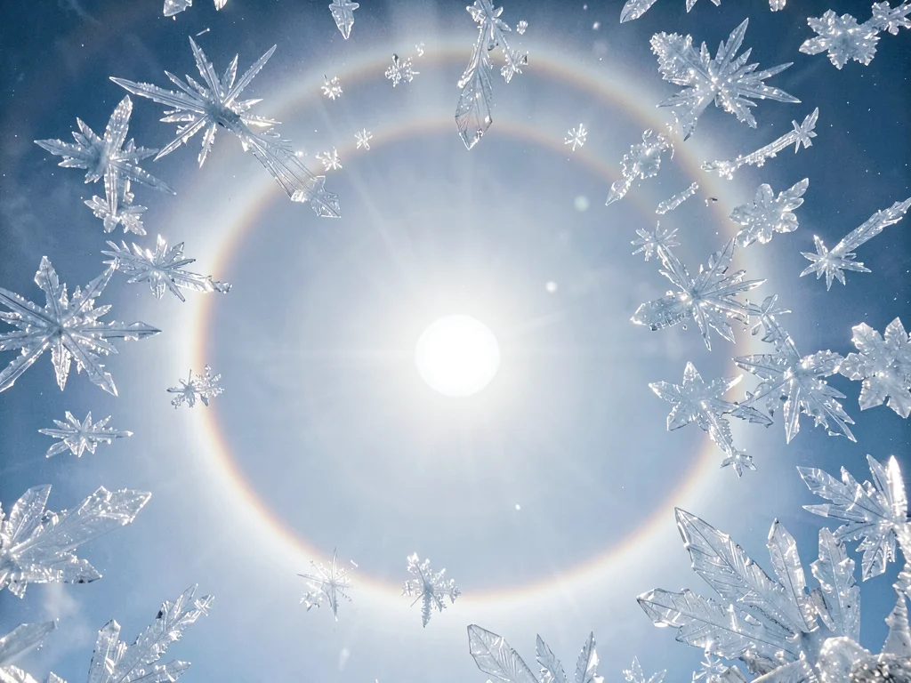 22-degree halo around sun in ice crystal sky