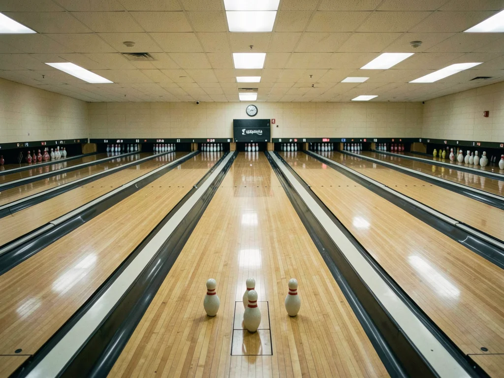 Bowling alley lanes stretching back, pins reset, nobody bowling, waiting for cha
