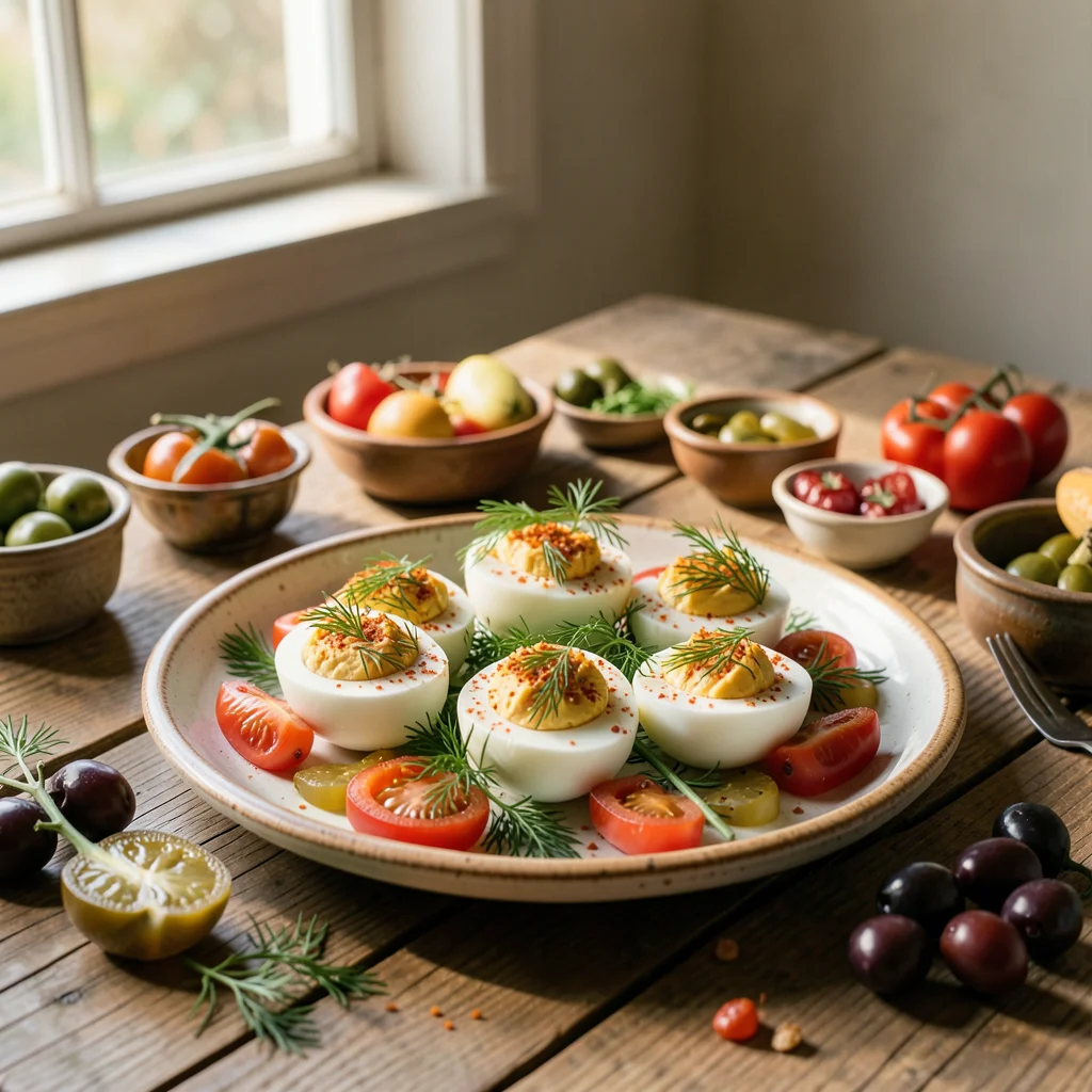 A platter of deviled eggs garnished with fresh dill and paprika, arranged on a h