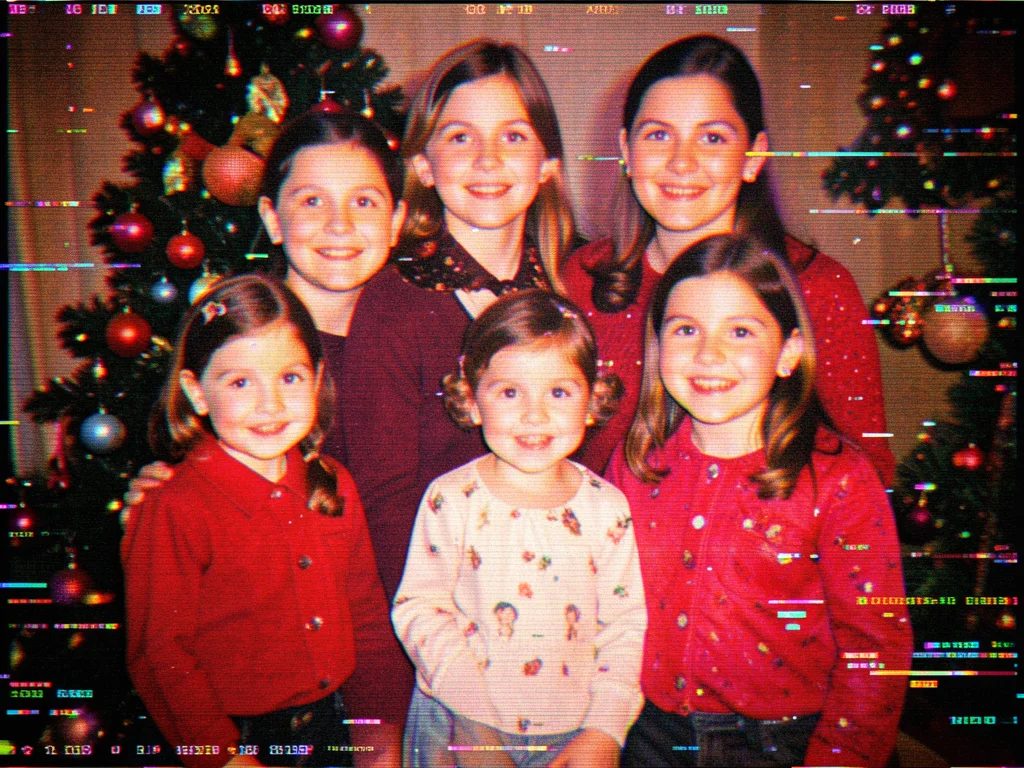 Holiday family portrait with data artifacts, warmth through digital decay