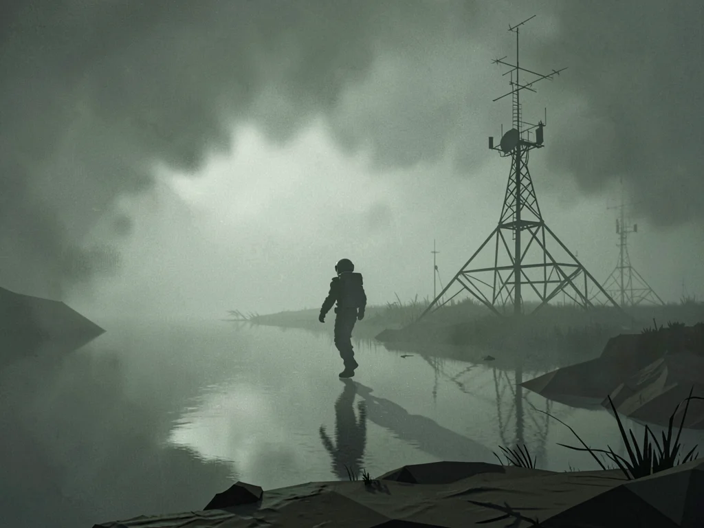 Distant astronaut silhouette walking across a fogbound lakebed toward a half-bur